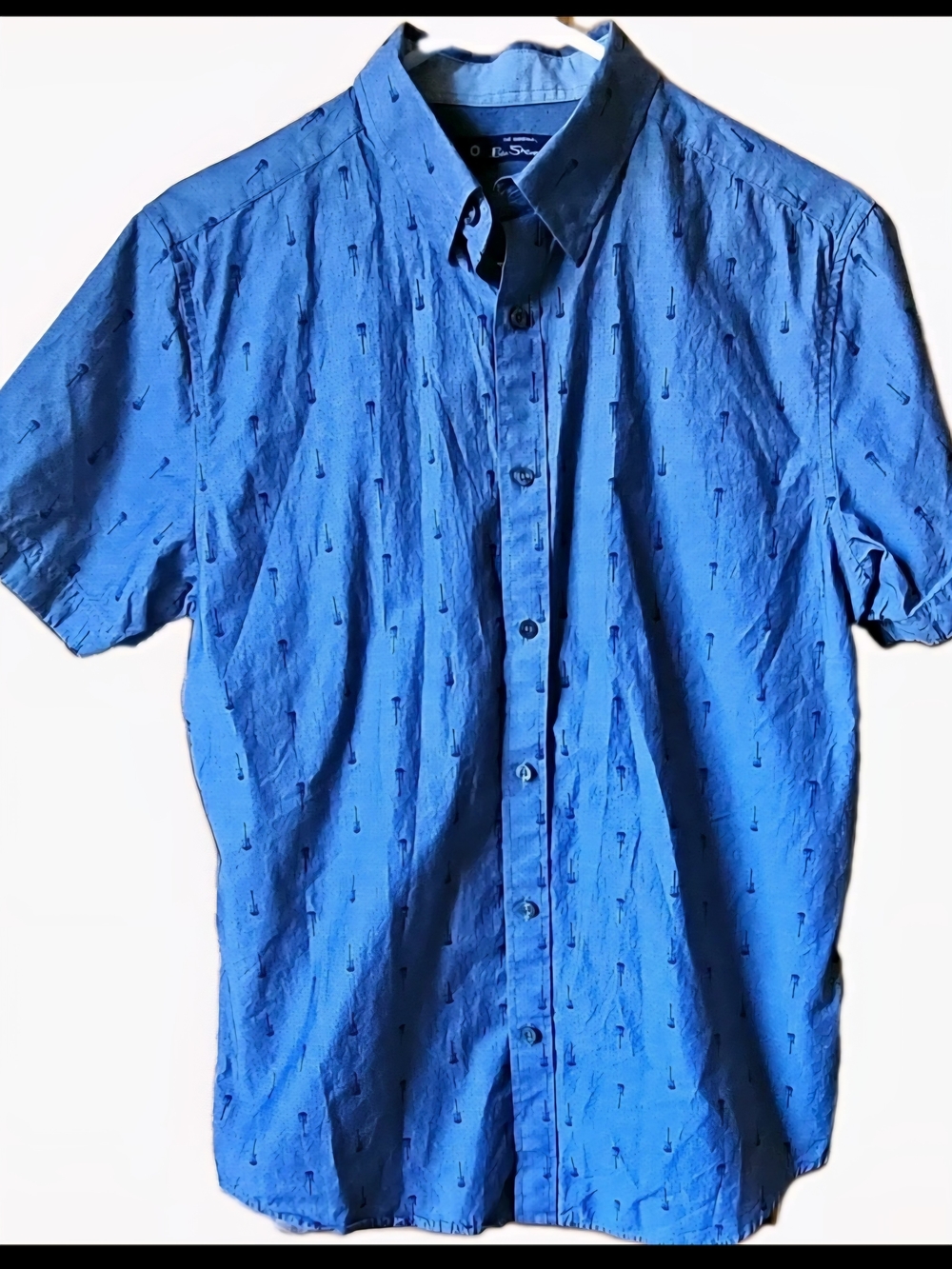 Ben Sherman Blue Guitar Print Cotton Woven Short Sleeve Button-Up Shirt Sz S